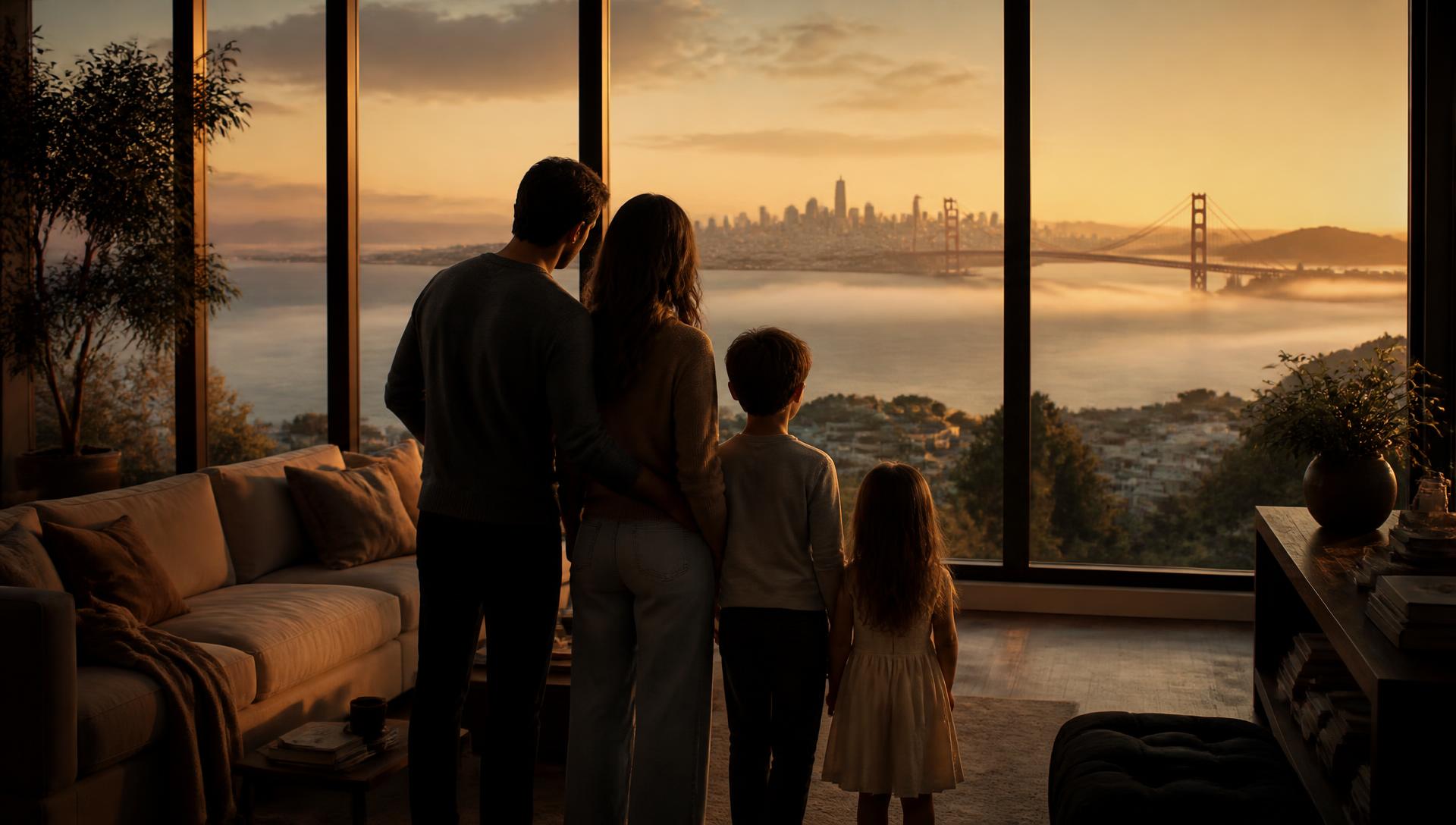 An American family — mother, father, son and daughter — standing together in their Los Angeles home at golden hour, looking out through floor-to-ceiling windows towards the distant city skyline.