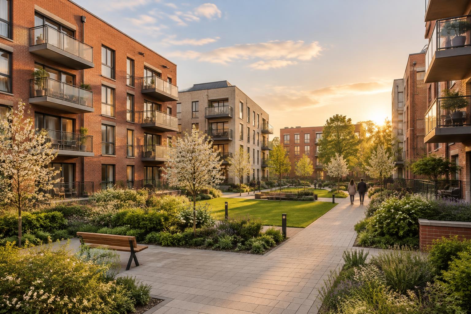 Illustrative UK new-build courtyard at golden hour