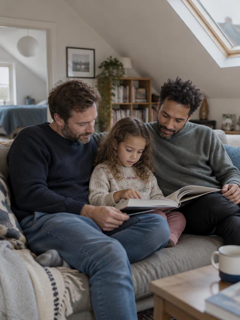 Illustrative two fathers reading with their daughter in a converted Bristol loft.