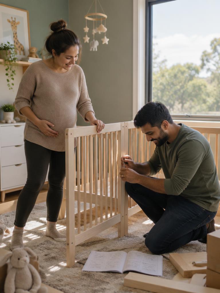 Illustrative young couple preparing a cot beside a window in their home in Leeds.