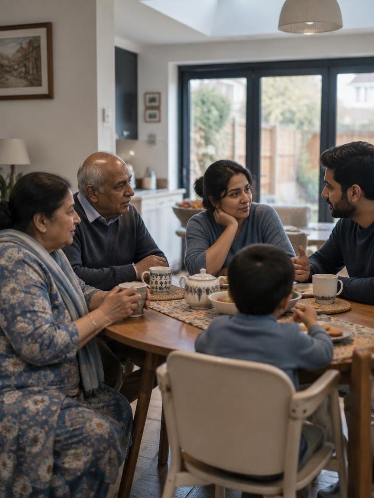 Illustrative three-generation family together at home in Leicester.