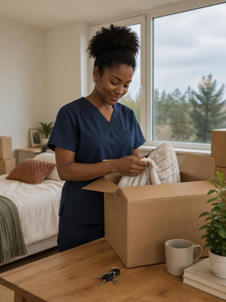 Illustrative nurse unpacking a moving box in her first Manchester flat.