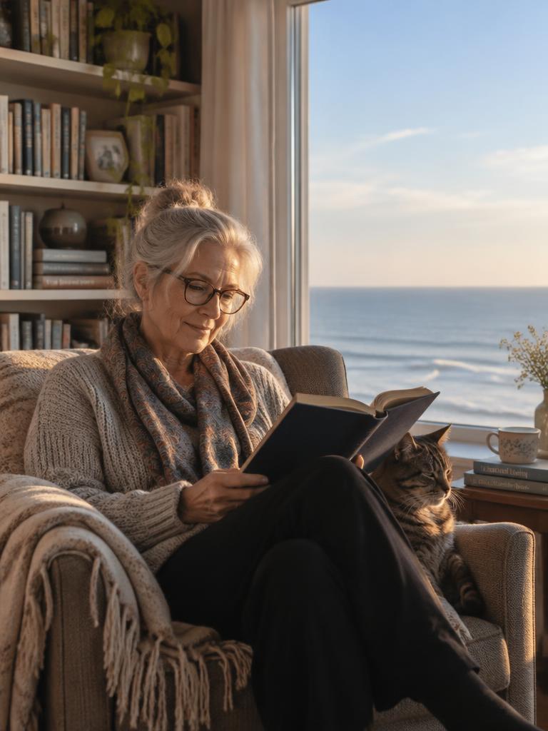 Illustrative retired teacher reading beside a window in her Swansea home.