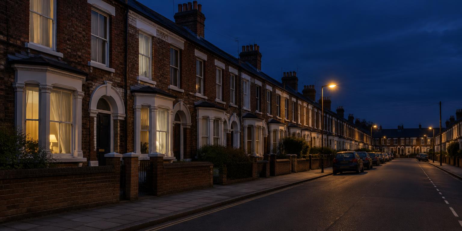 British terraced street at night