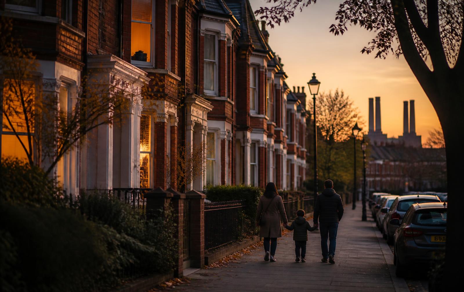 A quiet, tree-lined Victorian street in Clapham at dusk, warm light in the windows and a family walking home, with the chimneys of Battersea Power Station on the horizon.
